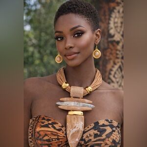 Tribal Inspired Gold and Tan Statement Necklace with Matching Earrings